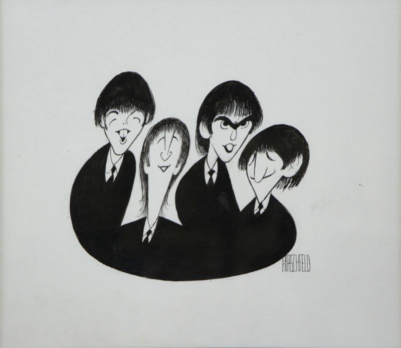 HIRSCHFELD, Al. Ink on Paper. The Beatles.: Signed lower right. Al Hirshfeld (American, 1903-2003). From a Mamaroneck, NY collector. Dimensions: Sight - 13" high x 15" wide. Condition: Good, some ink finger prints or smudging, likely by artist'