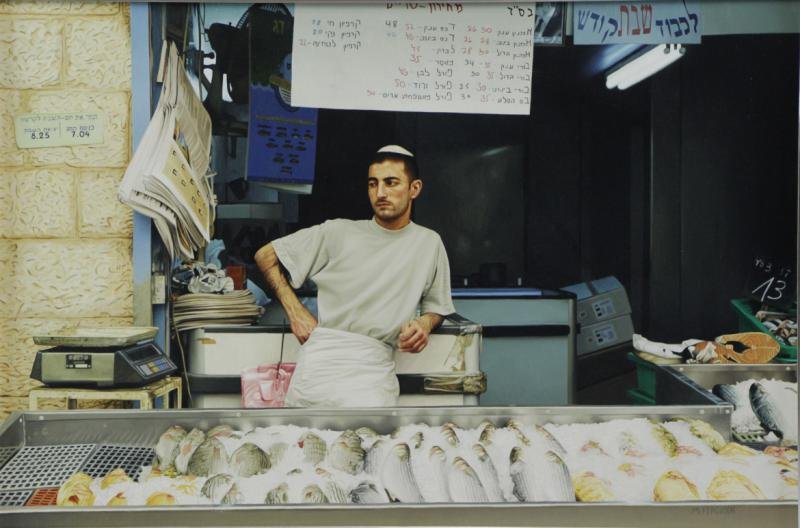 FERGUSON, Max. Oil on Canvas. "The Fishmonger".: Signed lower right, inscribed, signed and dated 2003 verso. Max Ferguson (American, b. 1959). From a Mamaroneck, NY collector. Dimensions: 26.75" high x 31.5" wide. Condition: Very good, light surface