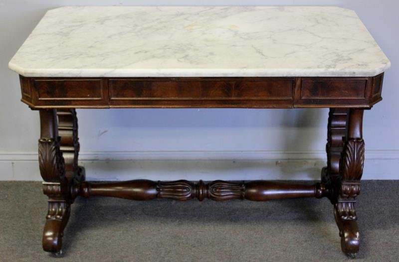 Victorian Marble Top One Drawer Sofa Table.: From a Manhattan, NY estate. Dimensions: 42.25"w x 24.25"d x 28.5" high.