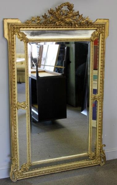 Antique / Vintage Gilt and Gessoed Frame Mirror.: From a Mamaroneck, NY estate. Dimensions: 13" w x 68.5" h o/a. Condition: Good with minor losses to crown and extremes of frame. Gilt losses / wear to nodules. Top mirror panel with very minor speckli