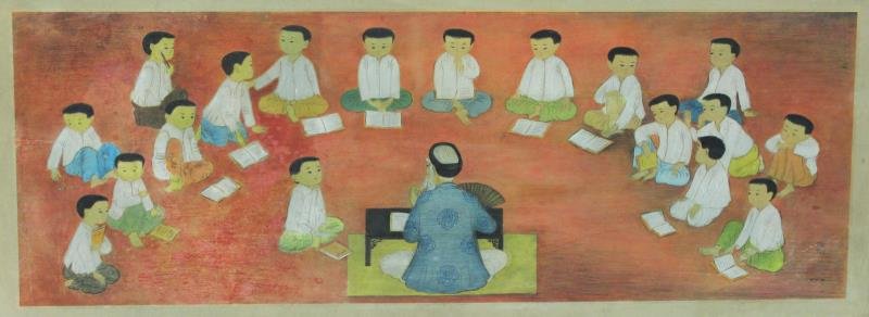 Unusual Antique/Vintage Chinese Mixed Media: Painting. Depicting children at their studies. Signed lower right Mai Tru, seal mark, and character signature. Paper laid on masonite. From a Dobbs Ferry, NY home. Dimensions: sight - 12.75" h x 32.5"