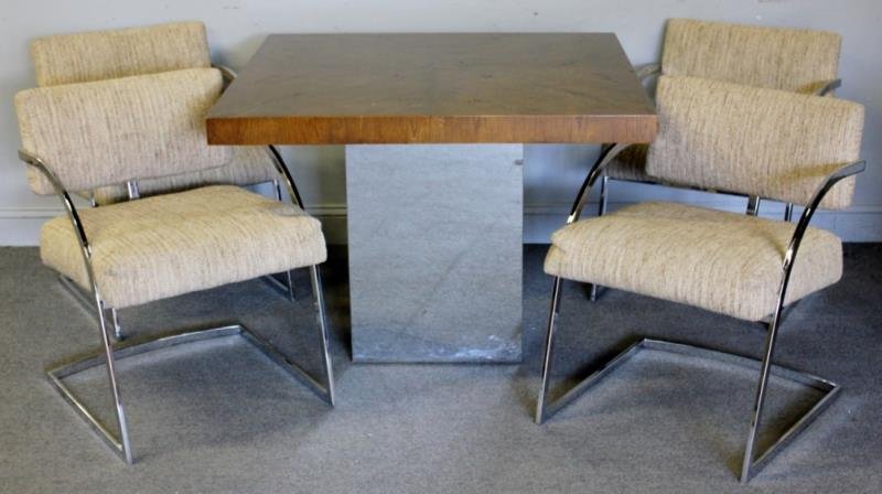 Midcentury Milo Baughman for Thayer Coggin Lot.: Includes a set of 4 Milo Baughman chrome and upholstered arm chairs together with a singe chrome pedestal base center table with wood veneer top. From a Scarsdale, NY estate. Dimensions: Table - 39" w