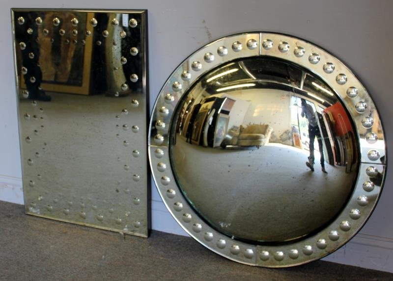 Modern Mirror Lot.: Includes a contemporary bullseye mirror with convex glass and bubble lens border. Together with a rectangular mirror with bubble / circle mirrors at border. From a Queens, NY location. Dimensions: Bul
