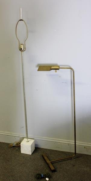 Midcentury Floor Lamp Lot.: Includes a brass flat floor lamp unmarked but most certainly Cedric Hartman. Together with a marble cube base and chrome floor lamp with aluminum cylindrical finial. Probably Hansen, but unmarked. Fro