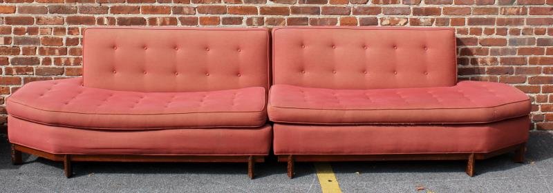 Midcentury Frank Lloyd Wright Sectional Sofa.: Includes two mirrored sectionals. Frank Lloyd Wright for Henredon. Original upholstery. Edges with Taliesin design. From a Riverdale, NY estate. Dimensions: 64; w x 31" d x 32" h each. Condition: Wear