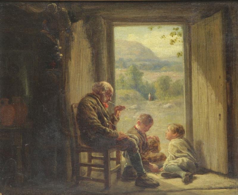 HEMSLEY, William. Oil on Masonite. Grandfather: with Children. Signed lower left. William Hemsley (British, 1819 - 1906). From a New Rochelle, NY home. Dimensions: 10.25" high x 12" wide. Condition: Good original condition with surface grime, craqu