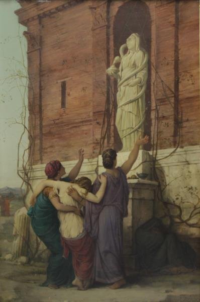 LEROUX, Louis Hector. Oil on Canvas. "Supplication: Before the Goddess Hygiel". Signed lower right. Louis Hector Leroux (French, 1829 - 1900). Originally from The Versace Collection (sold at Sotheby's in March 2009, lot 370, for $6,133) then out of Rye