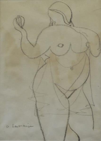 LACHAISE, Gaston. Conte Crayon on Paper. Draped: Nude Holding Ball. Signed 'G Lachaise' lower left. Gaston Lachaise (French, 1882 - 1935). Handwritten label verso with exhibition dates '#8 1978 EXH" and "#2 1973 EXH". From a Dobbs Ferry, NY collecto