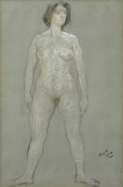 KROLL, Leon. Pastel on Paper. Standing Female Nude: Signed and dated 1912 (?) lower right. Leon Kroll (American, 1884 - 1974). From a Tarrytown, NY home. Dimensions: Sight - 11.75" high x 8" wide. Condition: Good, some mat burn. Not examined out of fra