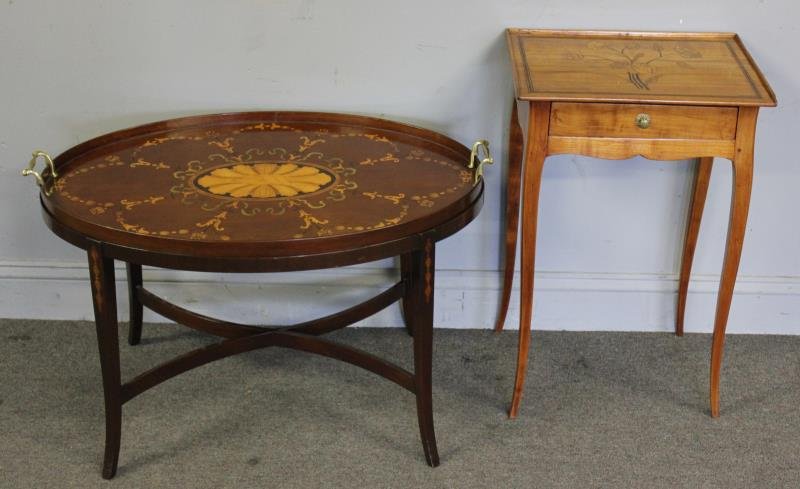 Inlaid Antique One Drawer Stand with Tray Table.: From a Stamford, CT location. Dimensions: stand - 16.5" w x 12" d x 25.5" h; table - 31" x 19" x 19" h plus 1.2" h handles.