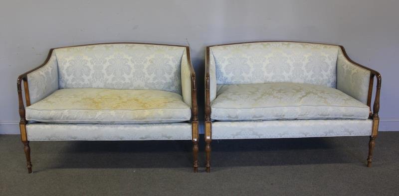 Pair of Upholstered Loveseats.: From a New Canaan, CT estate. Dimensions: 48" w x 27.5" d x 34.5" h ea. Condition: Needs cleaning, scratches / abrasions to arm.