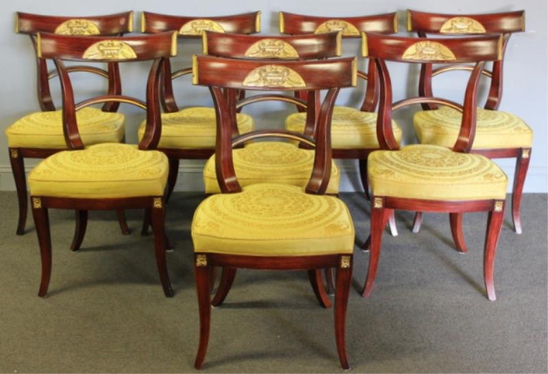 Set Of 8 Italian Neoclassical Style Upholstered: Chairs with gilt urn and rosette decoration. Originally from The Versace Collection, then out of Rye, NY Storage. Dimensions: 34"H x 20"D x 20"W Condition: Good.