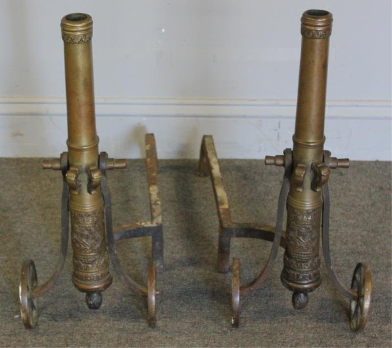 Pair Antique Continental Small Cannons: Later Adapted to Andirons. Embossed and dated 1630. From a Long Island estate. Dimensions: 8.5" w x 23.5" d x 21" h.