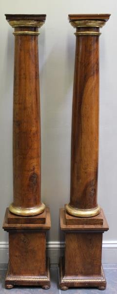 Pair of Antique Gilt Decorated Column Form Pedestals.: Originally from The Versace Collection, then out of Rye, NY Storage. Dimensions: 10" x 10" x 54" h. Condition: good, old repair to foot of one.