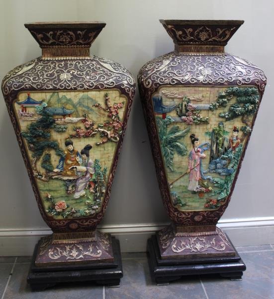 Pair of Japanese Tessellated Decorative Objects On: Stands. Originally from The Versace Collection, then out of Rye, NY Storage. Dimensions: 20" w x 13.5" d x 39" h.