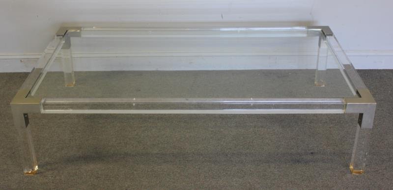 Midcentury Charles Hollis Jones Coffee Table.: Aluminum and thick lucite with glass insert top. From a New Canaan, CT estate. Dimensions: 62" w x 36" d x 14.75" h. Condition: Good with some tape ? residue to bottoms of feet.