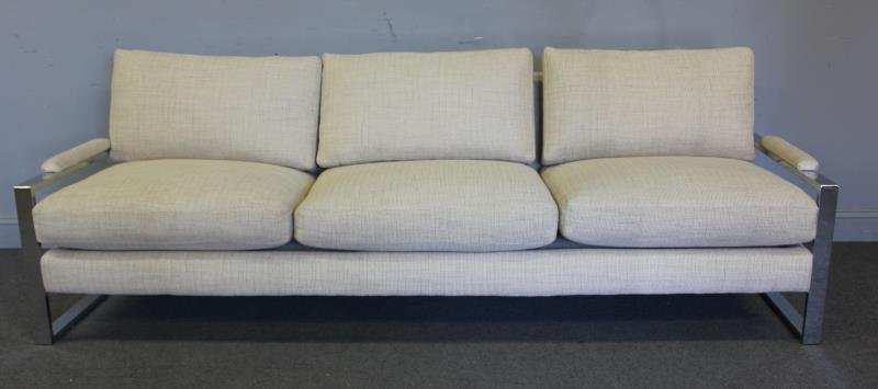Midcentury Milo Baughman Chrome and Rosewood Sofa.: Chrome sofa frame with upholstered cushions and rosewood bar to frame at arms. Gorgeous simplicity. From a Norwalk, CT estate. Dimensions: 89.5" w x 32" d x 26.5" h. Condition: Good.