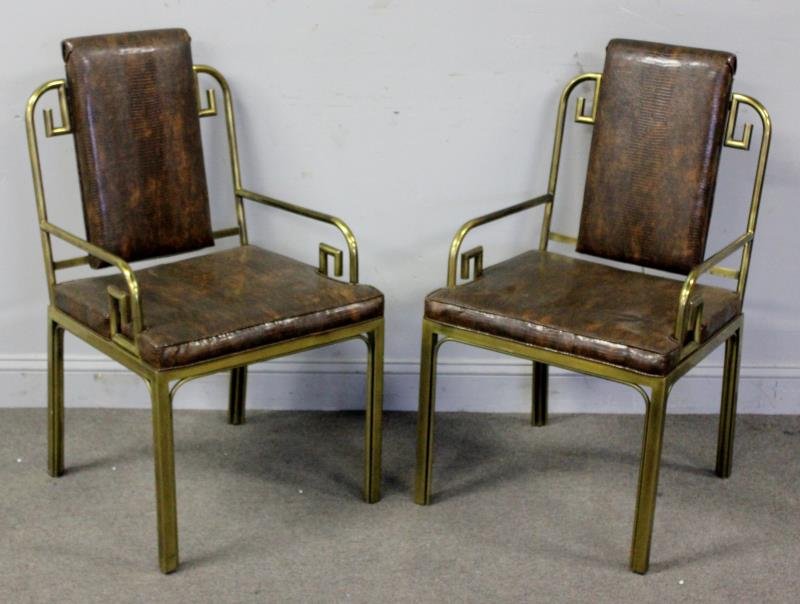 Pair of Brass Mastercraft Asian Modern Armchairs.: Faux crocodile skin upholstery. Mastercraft label to underside. From a New Canaan, CT estate. Dimensions: 21.5" w x 20.5" d x 37" h. Condition: Good with minor wear from age / use to frame.