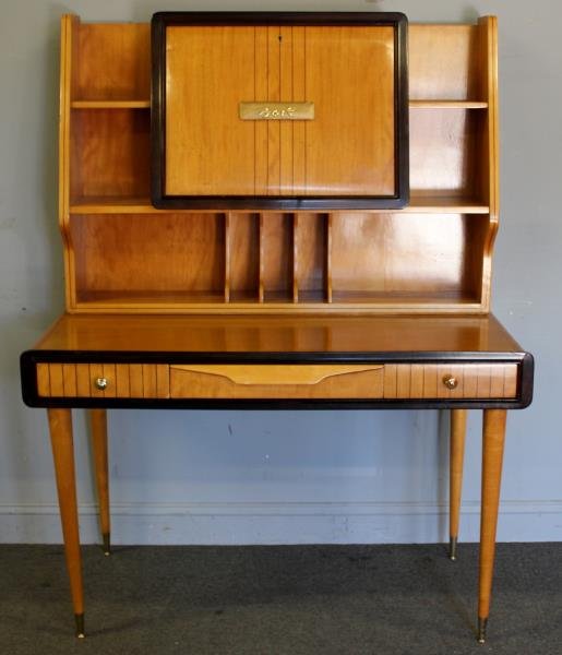 Midcentury Italian Secretary / Desk.: Unmarked. Two tone desk and secretary in two pieces. Fold down storage to top. Beautiful lines in the style of Gio Ponti. From a New Canaan, CT estate. Dimensions: 47" w x 23.5" d x 61.5" h. Condition