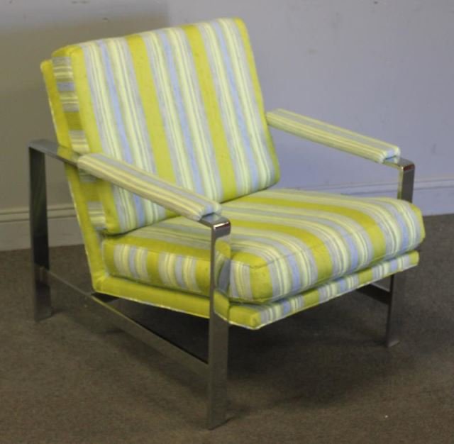 Midcentury Milo Baughman ? Chrome Lounge Chair.: Early upholstery. Thick flat bar chrome frame. Screws to cross bar / stretcher at lower rear. Unmarked. From a Philadelphia, PA collector. Dimensions: 27.5" w x 32"d x 30" h.