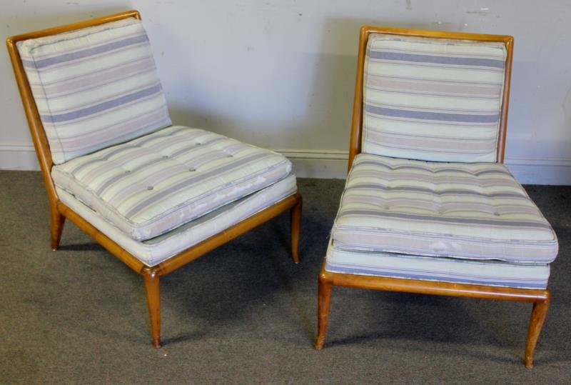 Midcentury Pair of T.H. Robsjohn-Gibbings Slipper: Chairs. From a Philadelphia, PA collector. Dimensions: 26" w x 29" d x 31" h ea. Condition: With wear, upholstery as is. Frames with some minor abrasions.