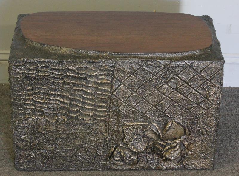 Midcentury Paul Evans Sculpted Occasional Table.: Rectangular occasional table with inset rosewood top. Signed PE '69. From a New Canaan, CT estate. Dimensions: 24" w x 12" d x 16.5" h. Condition: Good.