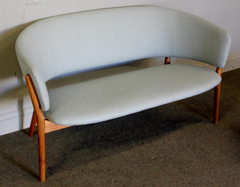 Midcentury Arne Vodder Loveseat.: Upholstered loveseat with oak (?) frame. Attributed to Arne Vodder. From a New Canaan, CT estate. Dimensions: 52" w x 26" d x 26.5" h. Condition: Good / Reupholstered.
