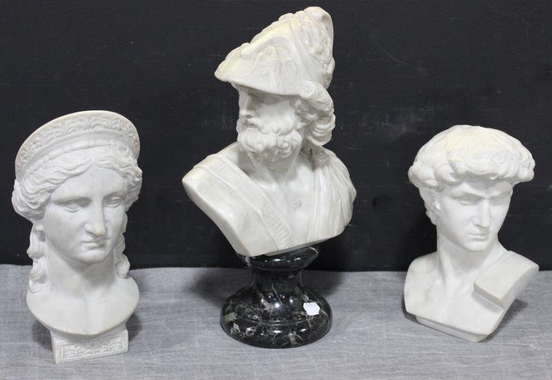 Vintage Classical Marble Lot.: Includes Ajax on a green marble base, and two others. From a Rye, NY estate. Dimensions: Ajax - 8" w x 14" h; others - 9.25" h and 10.5" h.Originally from the Versace estate thense from storage .