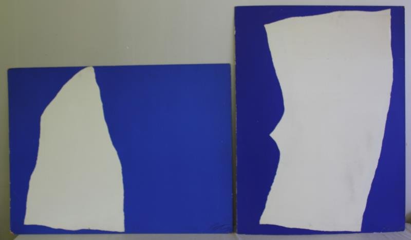 Adja Yunkers #135. 2 Acrylic Collages.: Includes "White on Blue V" signed and dated 68 lower right and inscribed verso with "White on Blue I" signed and dated 68 lower right and inscribed verso with Utah Museum exhibition label. From the co