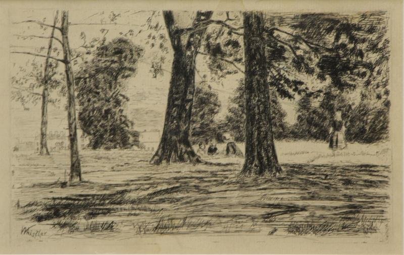 WHISTLER, James McNeill. Etching "Greenwich Park".: Signed in the plate lower left. Identified verso as 'Kensignton Gardens, etching, 1859. Kennedy, 35, II/II'. James McNeill Whistler (American, 1834-1903). Dimensions: Plate - 5" high x 8" wide. Condit