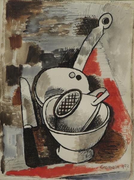 GROMAIRE, Marcel. Ink and Watercolor Still Life.: Signed and dated 1927 lower right. Marcel Gromaire(French, 1892 - 1971). From a Manhattan, NYC location. Dimensions: Sight - 11.75" high x 8.75" wide. Condition: Good, not examined out of frame.