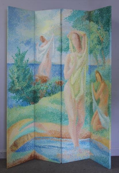 SENNHAUSER, John. 4 Panel Hand Painted Screen.: Oil on board depicting bathers in a post-impressionist manner. Signed lower left. From a Harrison, NY estate, originally purchased from Charles R. Gracie and Sons, NY in 1958. Accompanied by a letter 