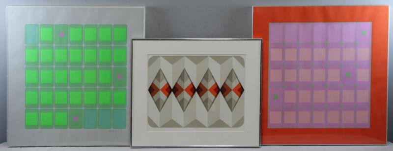 3 Op-Art Screenprints. 2 by Arthur Boden & 1 Marko: Spalatin. Both Arthur Boden screenprints are both hand signed and housed in their original Kulicke frames, one is a 1972 artist proof, the other is numbered 13/75, dimensions: 24.75" high x 23.75" wid