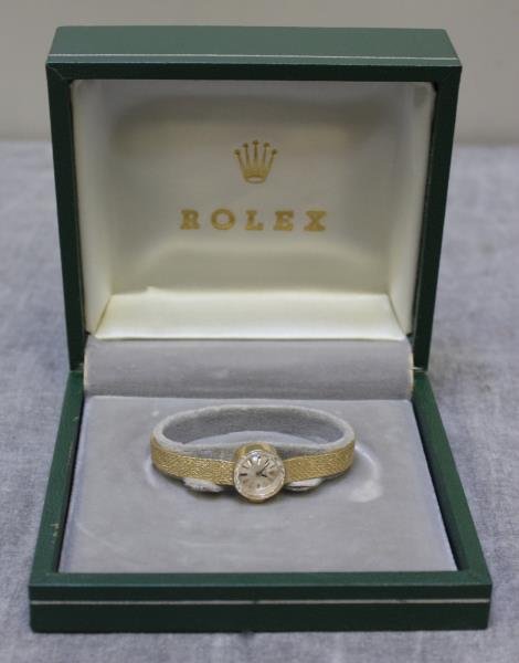 JEWELRY. Ladies 14kt Gold Rolex Watch.: In original box. Total approx. weight is 11 dwt. From a Nyack, NY home. Condition: All watches sold as is.