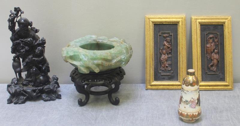 Antique Chinese/Asian Lot.: Includes a fluorite brush washer on stand, a hardwood carving a Confucius, a small pair of well carved framed plaques, and a signed Japanese Satsuma cabinet vase. From a Harrison, NY home. Dimensions: