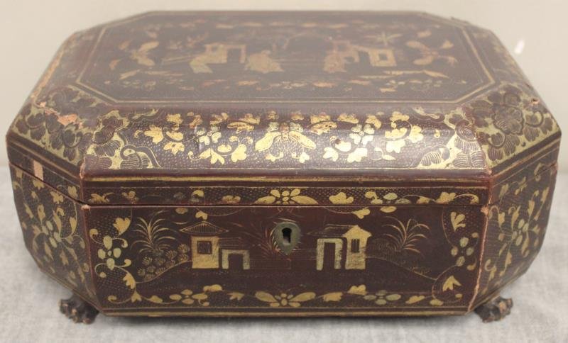 Antique Chnoiserie Decorated Sewing Box: With Woodf Claw Feet . Dimensions: 12" x 8" x 5" Condition: slight splitting to one side top and interior bone pieces as is