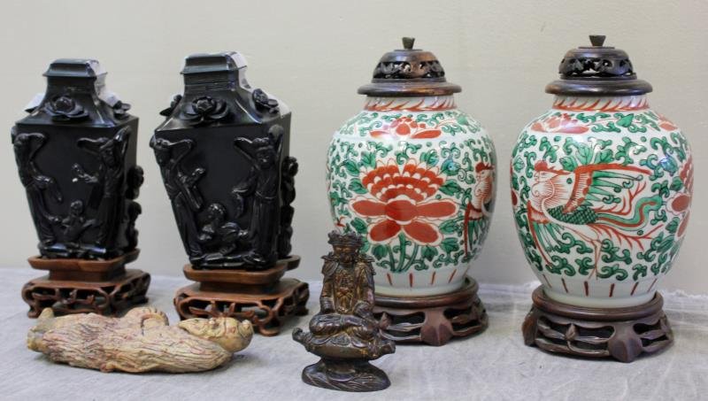 Antique / Vintage Chinese Lot Including: A Pair of Porcelain Ginger Jars. Together with wood stands and tops, a small bron Buddha, a soapstone figure and a pair of probably reconstituted amber covered urns on stands. From a Norwalk, CT estat