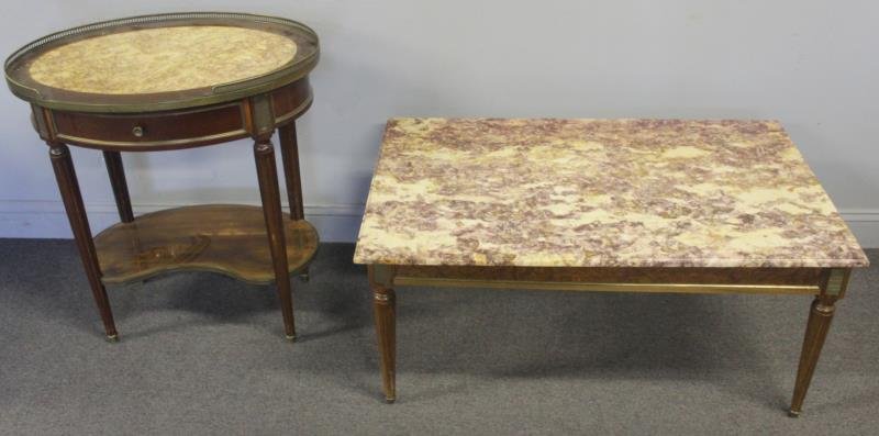 Vintage French Furniture Lot.: Includes a brass mounted marble top coffee table, and a brass mounted marble top oval side table. From a Harrison, NY home. Dimensions: coffee table - 40.5" w x 24.5" d x 18.75" h; oval table - 28.675