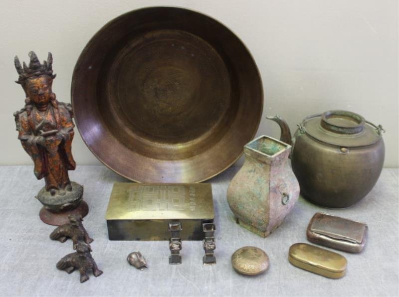 Asian Metal Lot.: Includes a copper alloy standing Buddha, two small bronze foo dogs, a signed brass box, a gilded inlay brass bowl, several boxes, a pair of unmarked possibly silver mini vases, a rabbit and a 20th cen