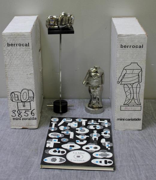 Set of 2 Miguel Ortiz Berrocal Abstract Sculptures: 2 small puzzle sculptures including "Mini Cariatide" and "Mini zoraida." In boxes with stands and instruction booklets. From a Lower East Side, NYC estate. Dimensions: Largest approx 5" h. Condition: 