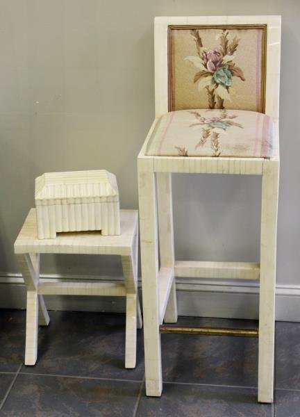 Midcentury Enrique Garcia Tessellated Designer Lot: Includes a low back tessellated bone bar chair, a tessellated and ribbed dresser box, and a tessellated bone side table. Side table and high chair labeled Enrique Garcia, Made in Columbia. Box with ev