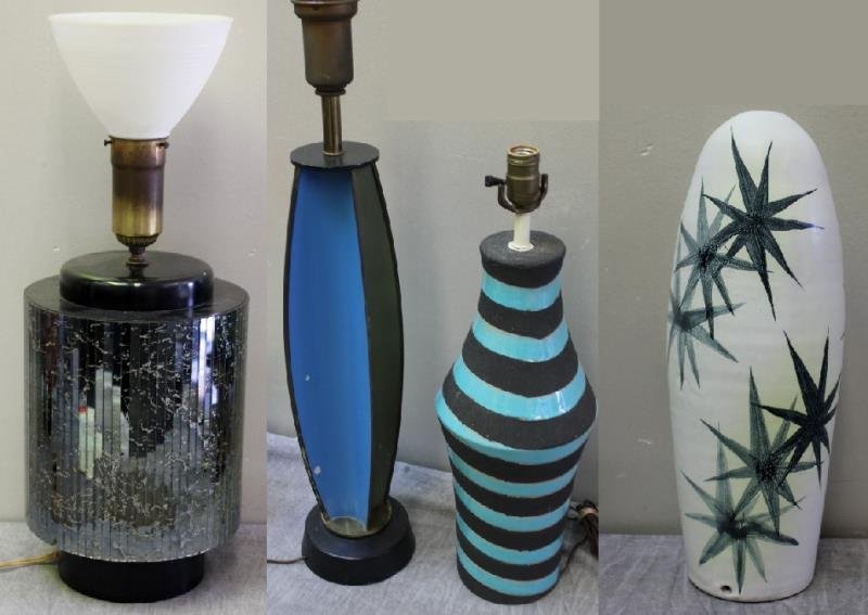 Midcentury Table Lamp Lot.: Includes a signed Italian ceramic table lamp and an unusual aluminum table lamp, together with a ceramic signed Raymor vase with stars drilled as lamp. Dimensions: Targetti - 18.25" w x 7" d x 12.75"