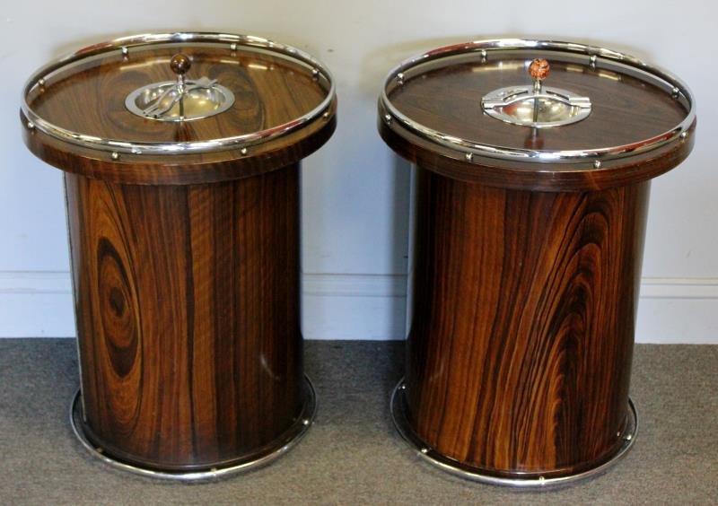 Art Deco Style Faux Rosewood Smoking Stands.: Painted grain rosewood over metal with chrome accents. Good vintage age. Interior pipe rack. From a Norwalk, CT estate. Dimensions: 19" diameter x 25" h.