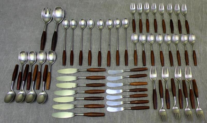 Midcentury Jens Quistgaard Fjord Flatware Set.: Jesn Quistgaard for Dansk flatware set with teak handles. Labeled Dansk / Germany to stainless steel on each. 58 pcs total. Includes 8 soup spoons, 8 dessert spoons, 8 dinner forks, 8 salad forks, 8 b