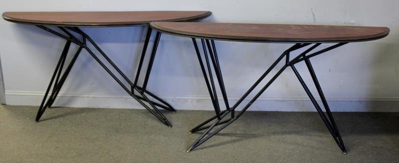 Modern Pair of Italian Consoles with Architectural: Bases. Wood demilune tops. Great as a pair. From a Lower East Side, NYC estate. Dimensions: 66" w x 16" d x 33" h. Condition: Good with minor wear, scratches.