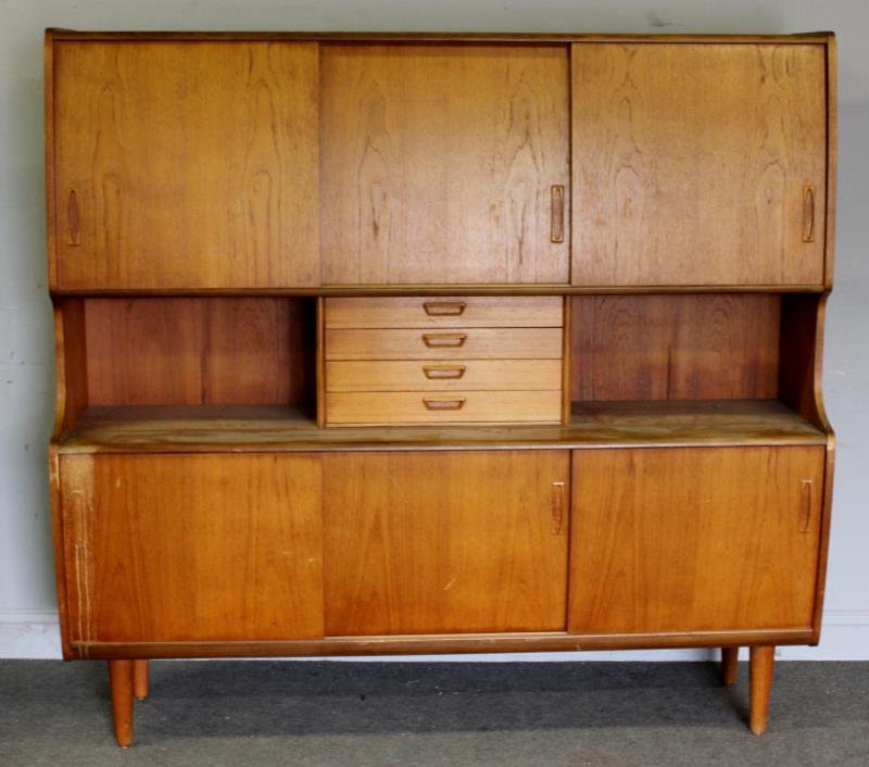 Midcentury Poul Jessen Danish Sideboard.: Designed by Poul Jessen / Hoj Skaenk. From a Lower East Side, NYC estate. Dimensions: 66" w x 17" d x 62.5" h. Condition: Good with one area of bleaching to lower left front. Minimal veneer chips at b