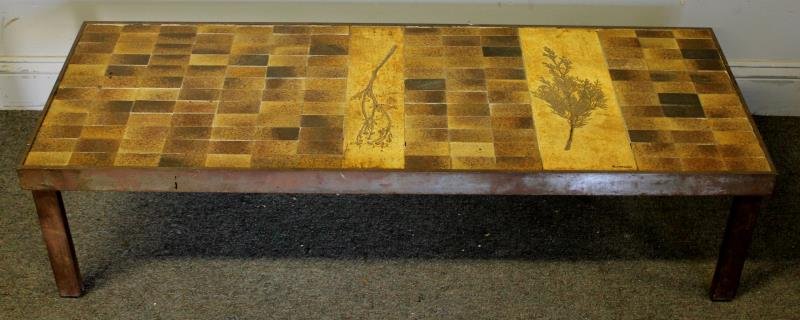 Midcentury Roger Capron Fern Coffee Table.: With bronze frame. Impressed fern / botanical design to tiled top. From a Lower East Side, NYC estate. Dimensions: 47" w x 17.5" d x 12" h. Condition: Good with some oxidation.