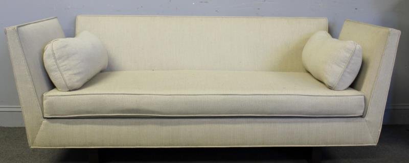 Midcentury Dunbar Style Open Arm Sofa.: Possibly Edward Wormley for Dunbar. From a Lower East Side, NYC estate. Dimensions: 68" w x 31" d x 27" h. Condition: Good with slight abrasions / scratches to back legs.