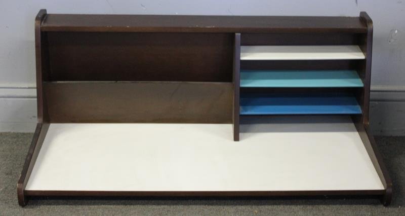 Modern Wall Mounted Desk.: Colored laminate desk top and colored shelves in the style of Arne Vodder. From a Lower East Side, NYC estate Dimensions: 30" w x 15.5" d x 14.5" h.