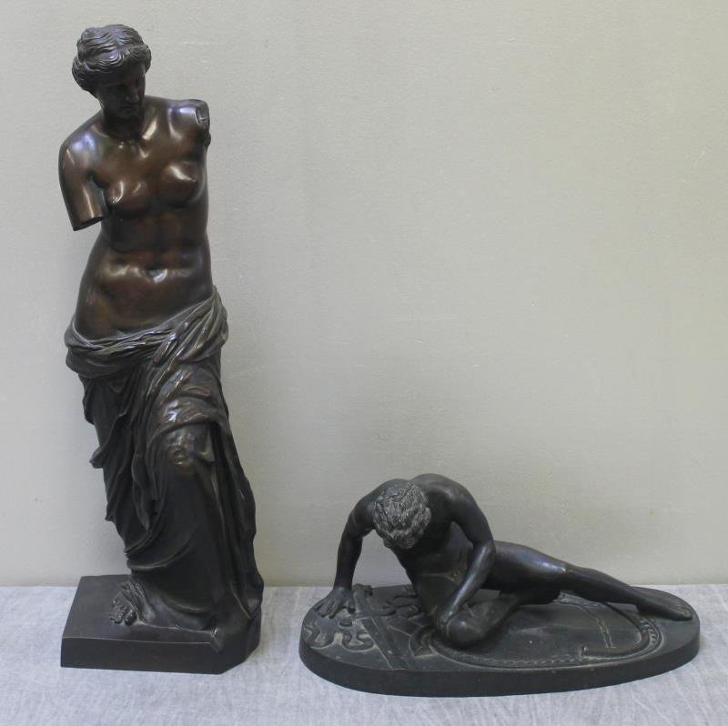 19th Century Continental Bronze Lot.: Includes Venus de Milo with German foundry seal, and the wounded Gaul? Both in good original finish and patina. From a Scarsdale, NY estate. Dimensions: Venus - 20.25" h; Gaul - 13" w x 6.25" d x 6.37